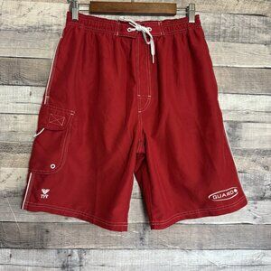 TYR Lifeguard Swim Trunks Board Shorts Red Mens Sm LINED Life Guard Cross White